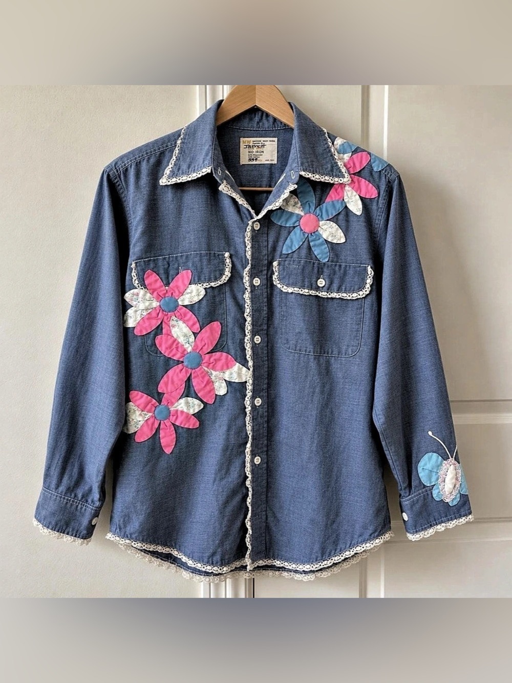 Vintage Handmade 70s Blue Chambray Floral/Butterfly Appliqué Shirt